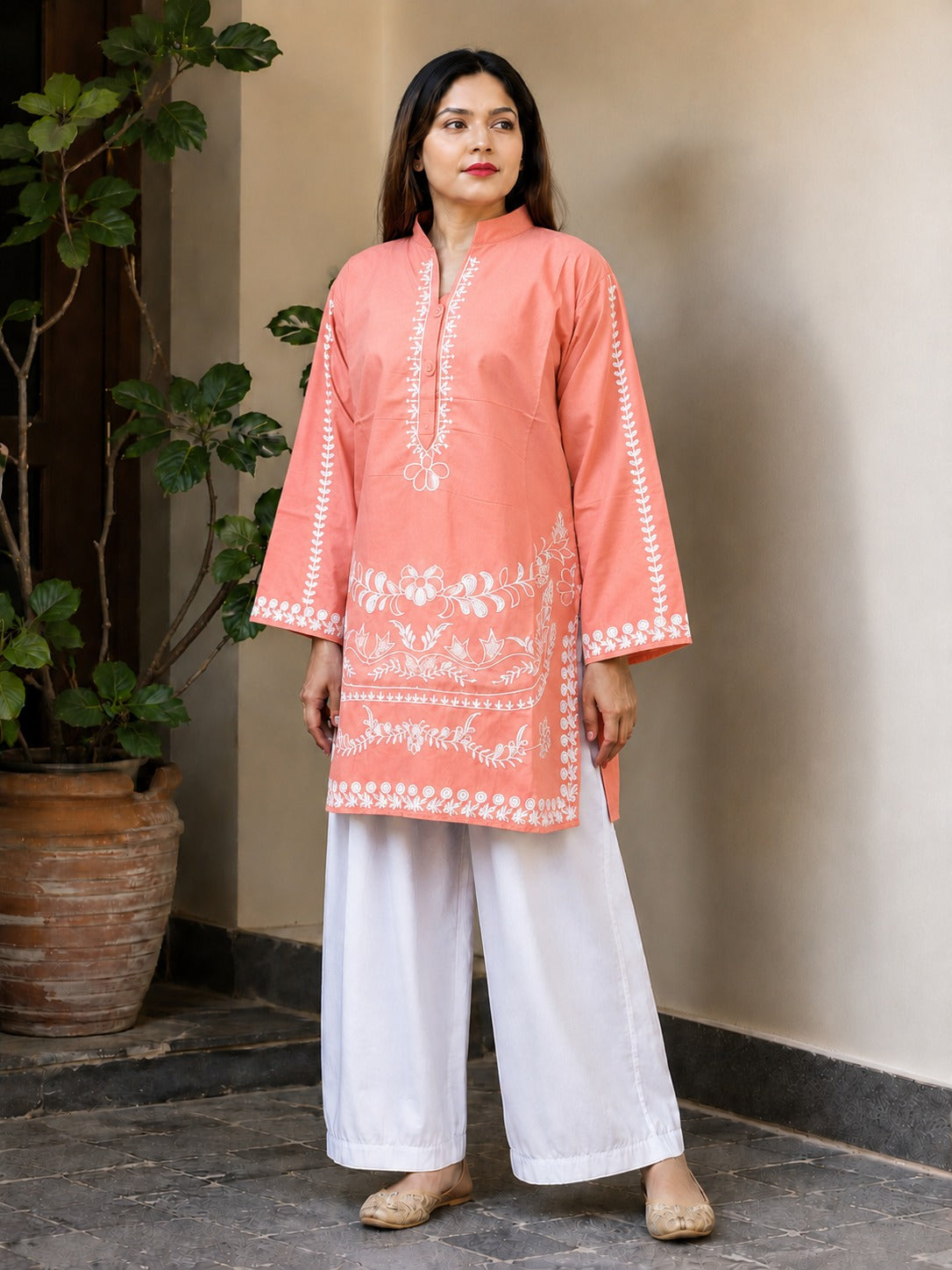 Stitched Embroidered Cotton Kurta with White Trouser