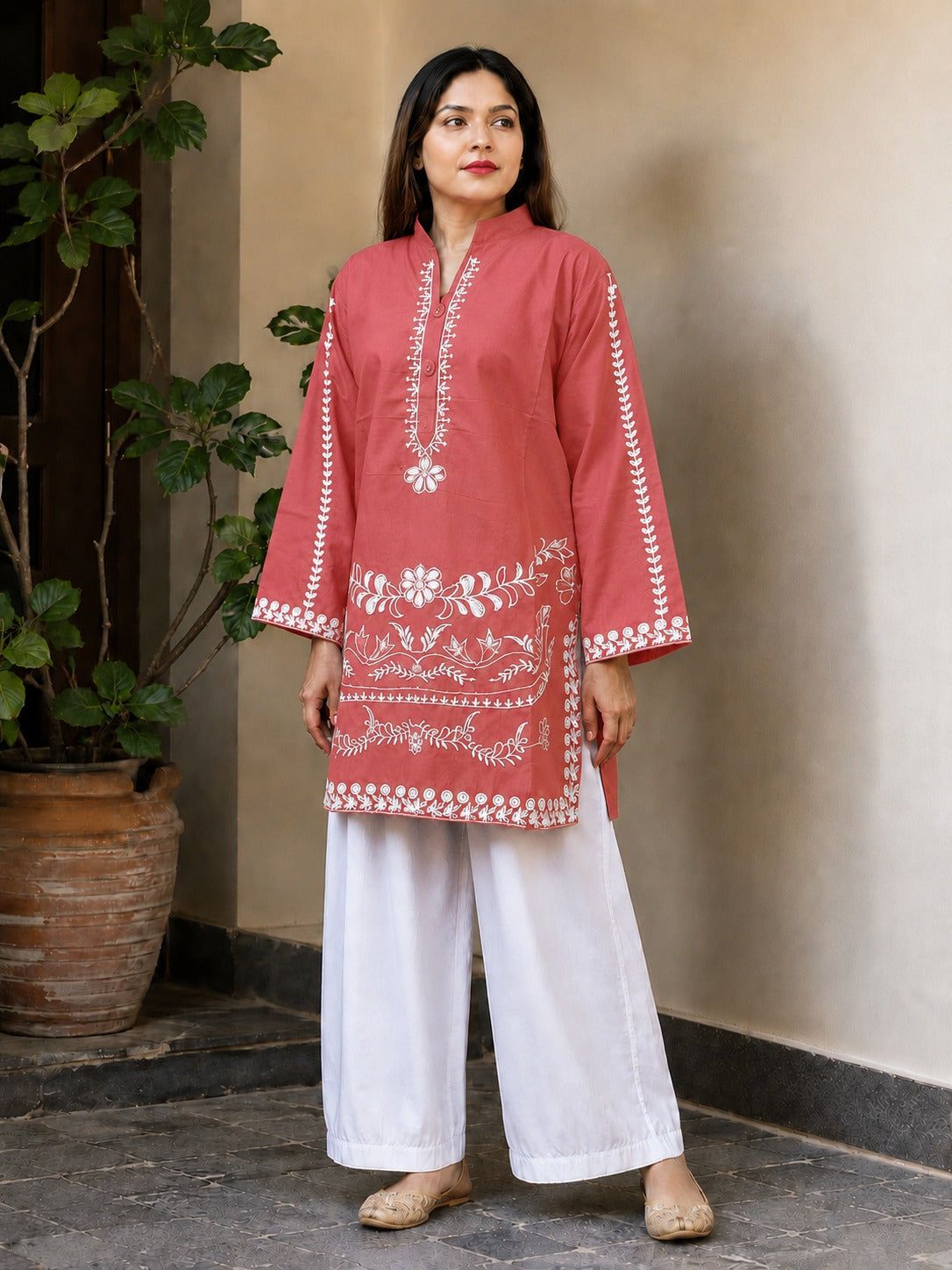 Embroidered Cotton Kurta with White Flapper – 2 Piece