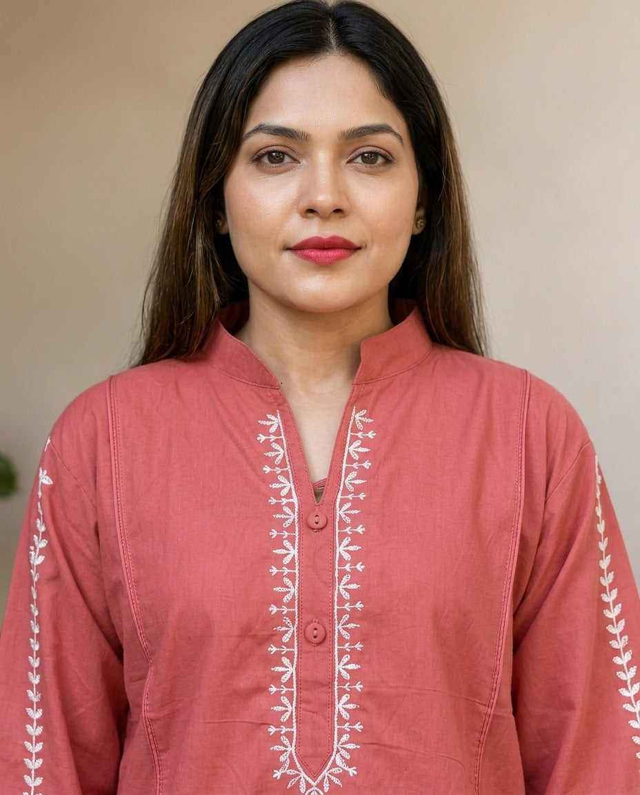 Embroidered Cotton Kurta with White Flapper – 2 Piece