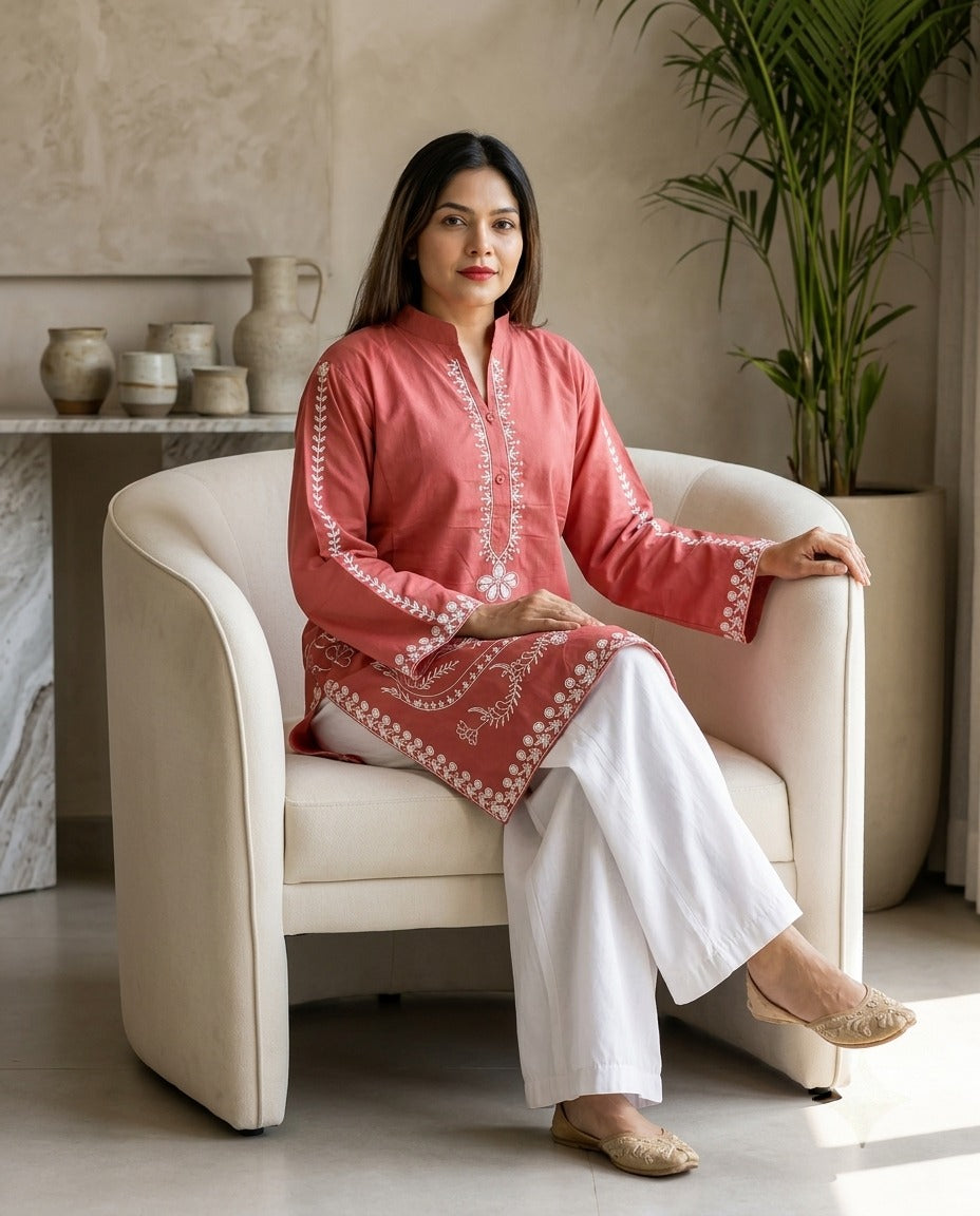 Embroidered Cotton Kurta with White Flapper – 2 Piece