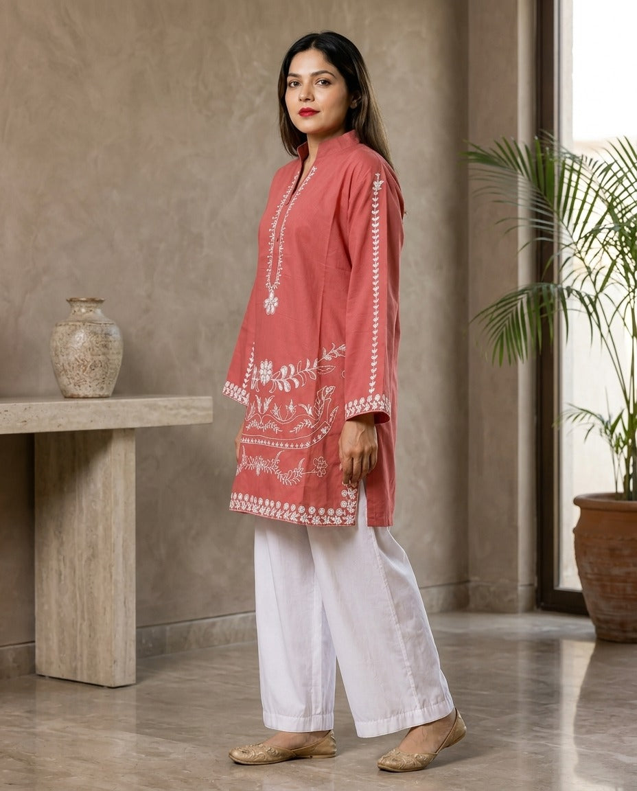 Embroidered Cotton Kurta with White Flapper – 2 Piece