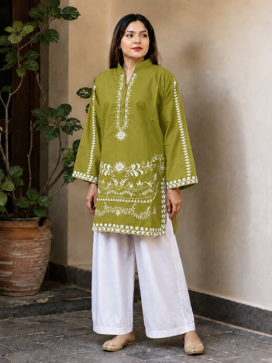 2-Piece Stitched Embroidered Cotton Kurta with White Flapper