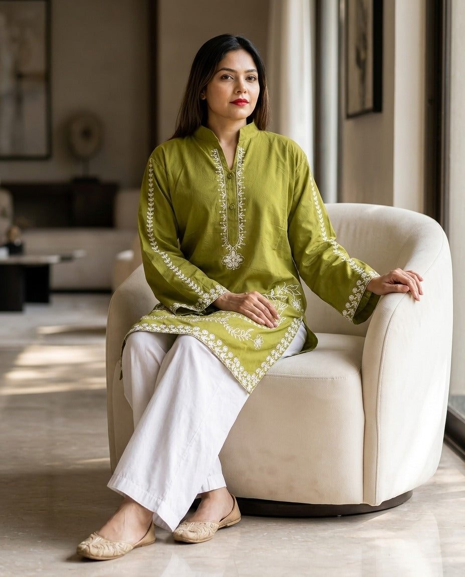 2-Piece Stitched Embroidered Cotton Kurta with White Flapper