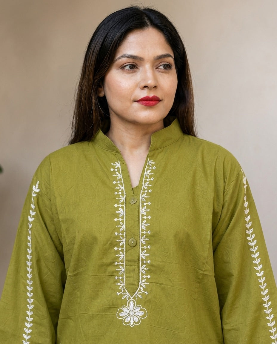 2-Piece Stitched Embroidered Cotton Kurta with White Flapper